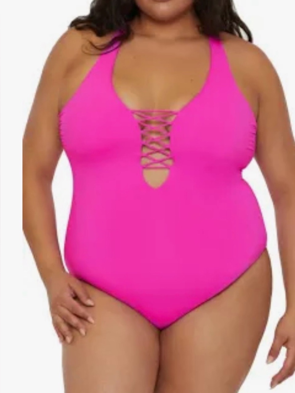 Becca Plus Size 2X Hot Pink Fuchsia Lace-Up One-Piece Swimsuit-NWT
